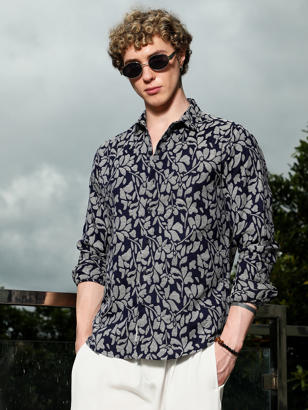 Campus Sutra Dark Blue Floral Cotton Poly Casual Shirt