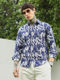 Campus Sutra Navy Blue Botanical Print Cotton Blend Full Sleeve Shirt