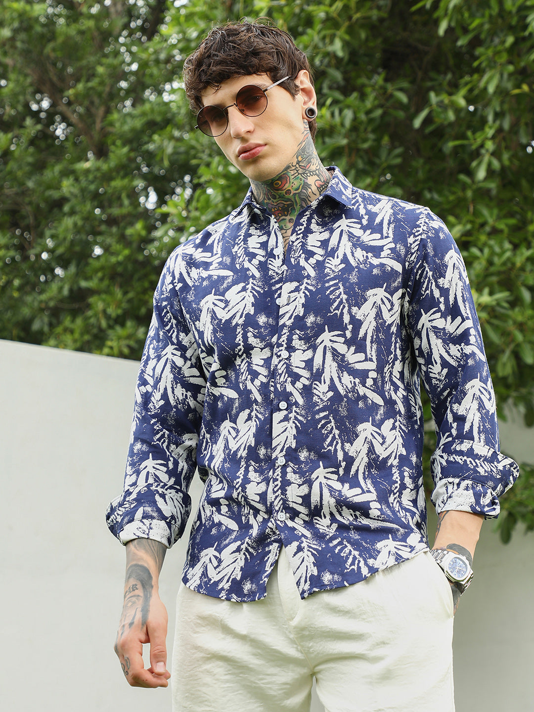 Campus Sutra Navy Blue Botanical Print Cotton Blend Full Sleeve Shirt