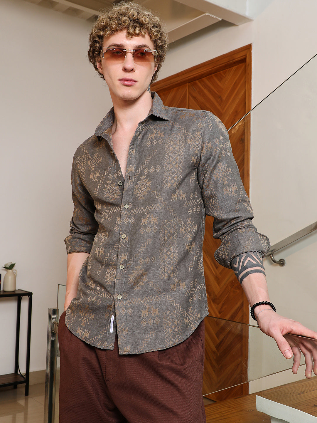 Campus Sutra Grey Ethnic Motif Full Sleeve Shirt