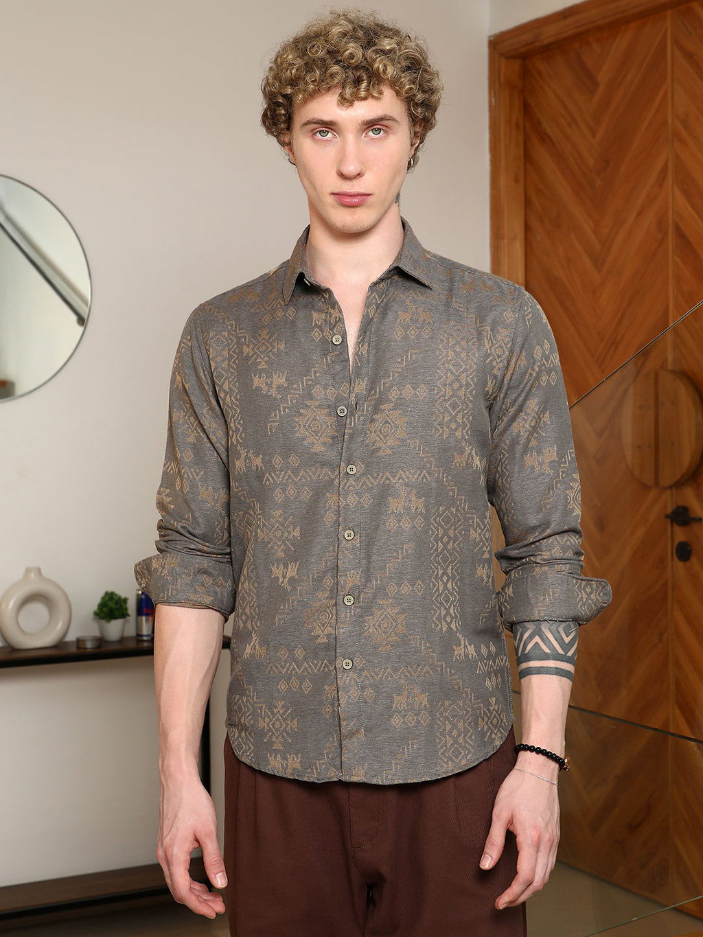 Campus Sutra Grey Ethnic Motif Full Sleeve Shirt