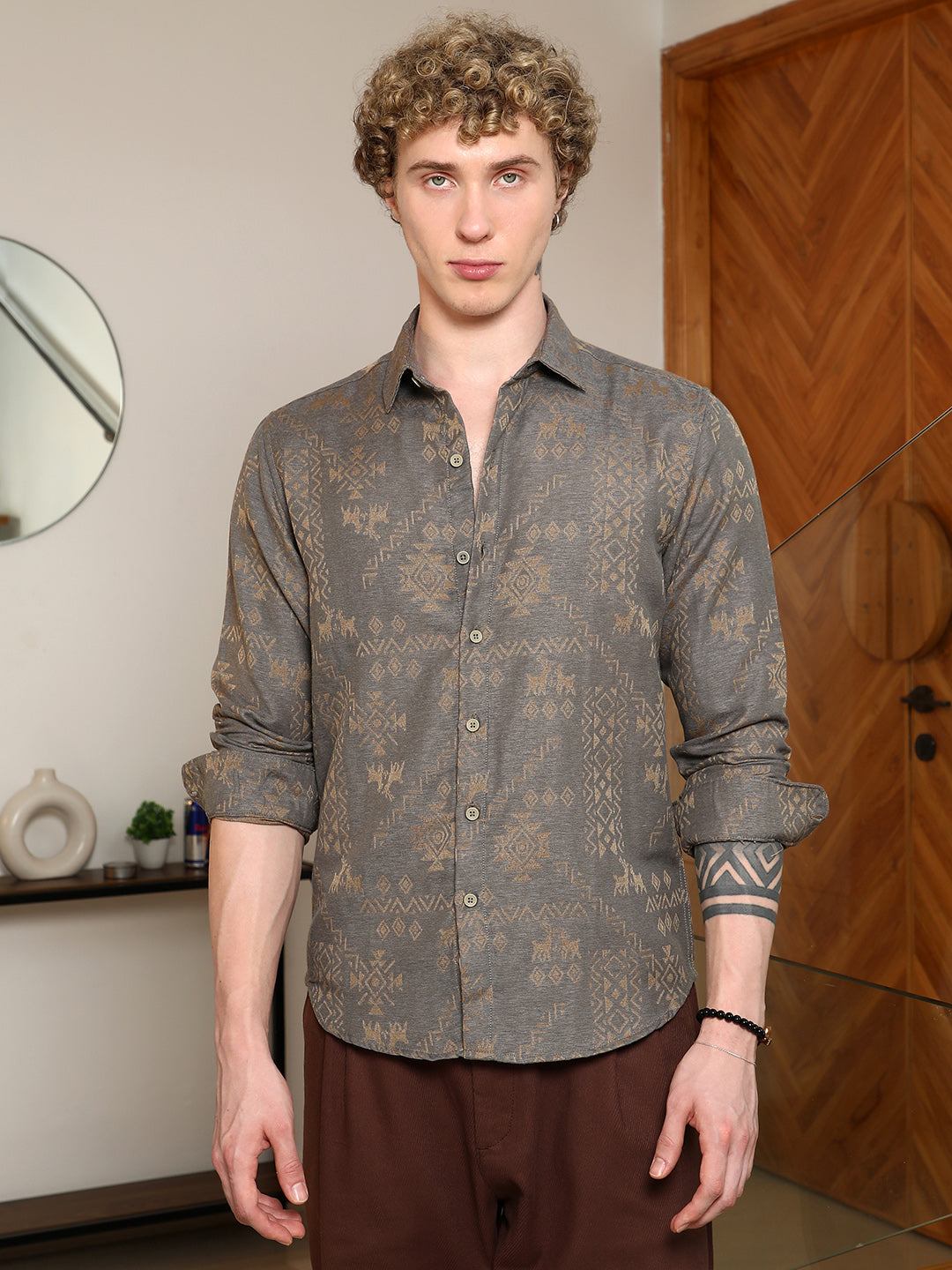 Campus Sutra Grey Ethnic Motif Full Sleeve Shirt