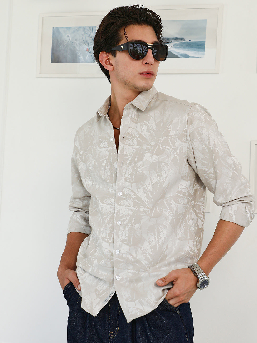 Campus Sutra Faded Foliage-Jacquard Shirt