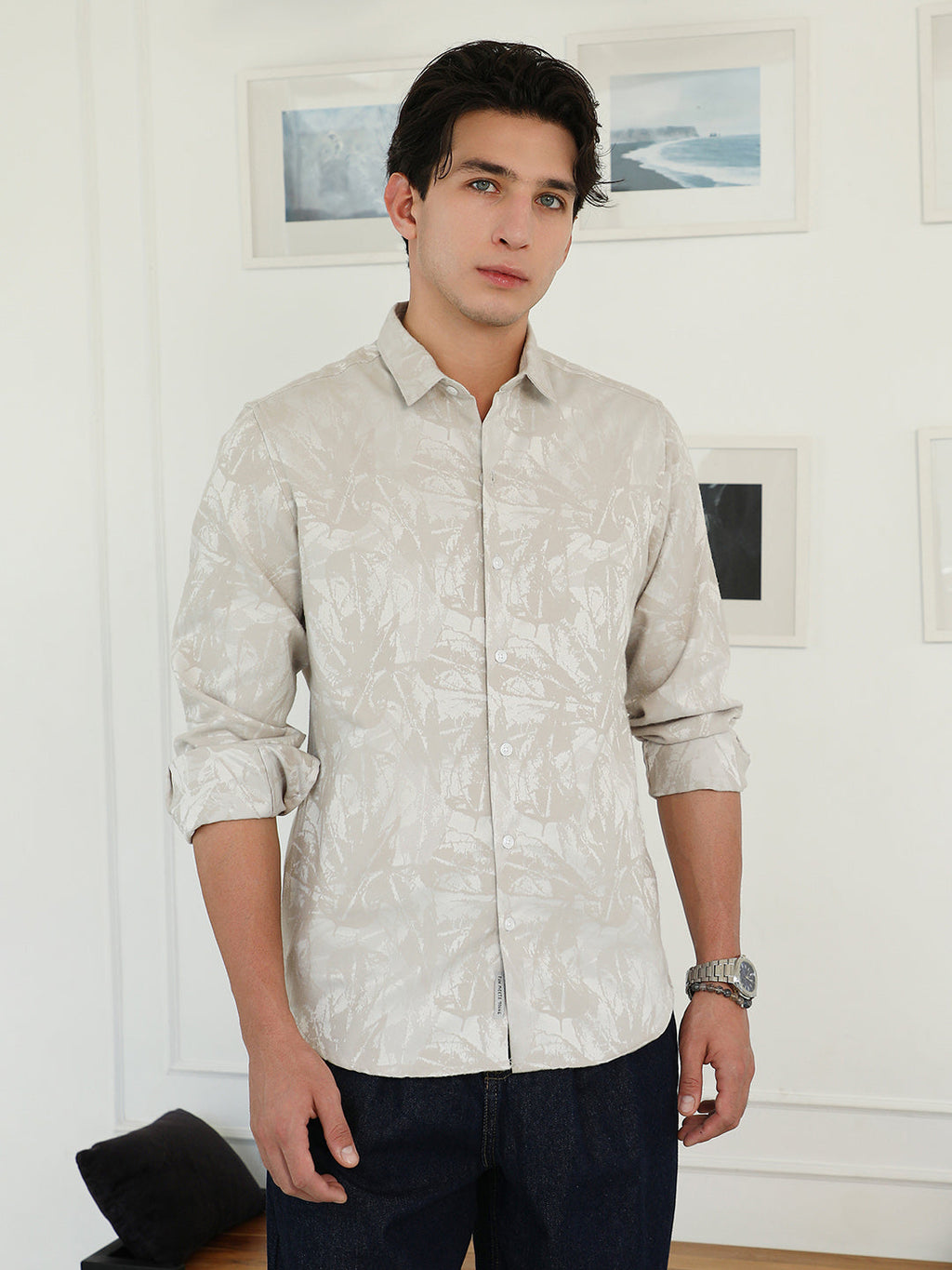 Campus Sutra Faded Foliage-Jacquard Shirt