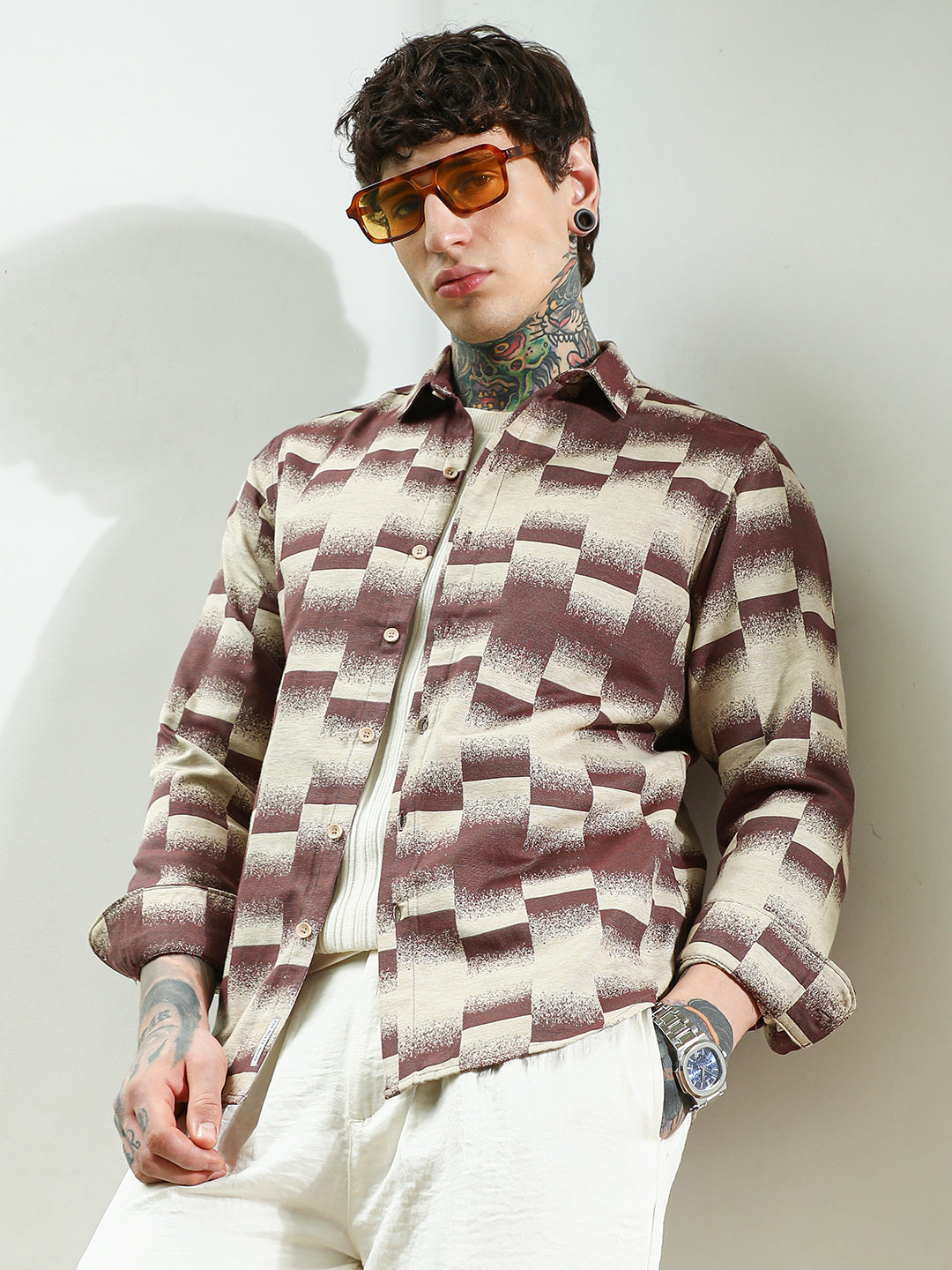 Campus Sutra Geometric Pattern Cotton Blend Full Sleeve Shirt