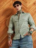 Campus Sutra Light Green Leaf Pattern Slim Fit Shirt