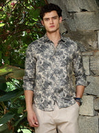 Campus Sutra Ecru Beige & Charcoal Black Safari-Forest Jacquard Shirt