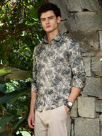 Campus Sutra Ecru Beige & Charcoal Black Safari-Forest Jacquard Shirt