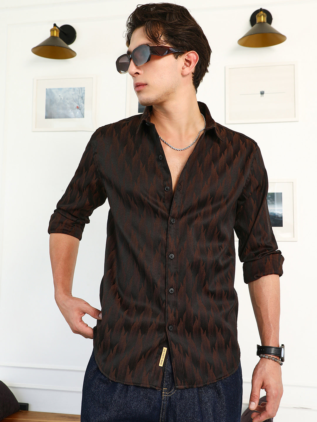 Campus Sutra Gradient-Geometric Jacquard Shirt