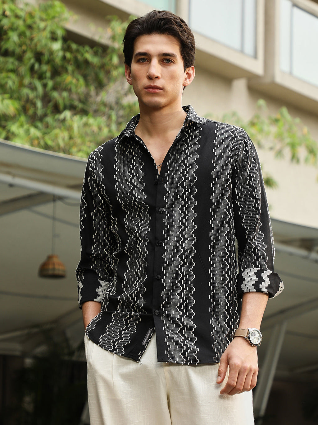 Campus Sutra Cloudy-Panel Jacquard Shirt