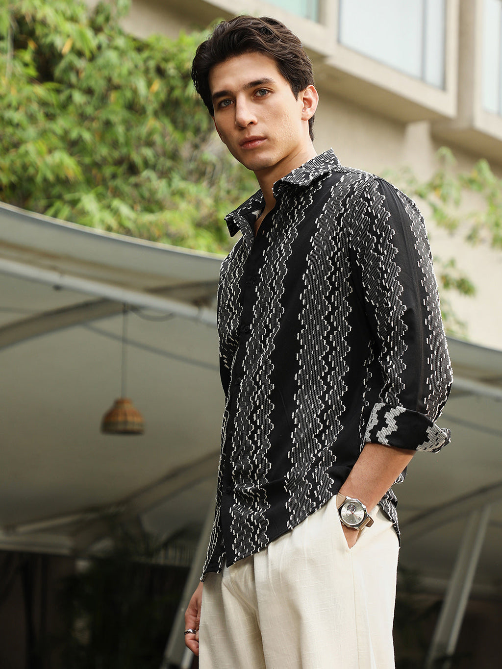 Campus Sutra Cloudy-Panel Jacquard Shirt