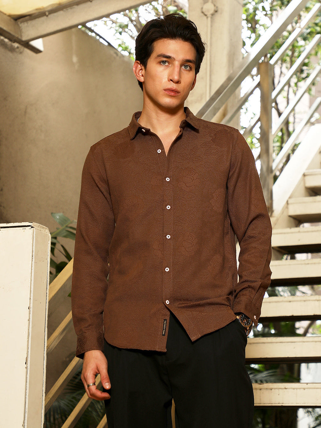 Campus Sutra Rosa-Jacquard Shirt