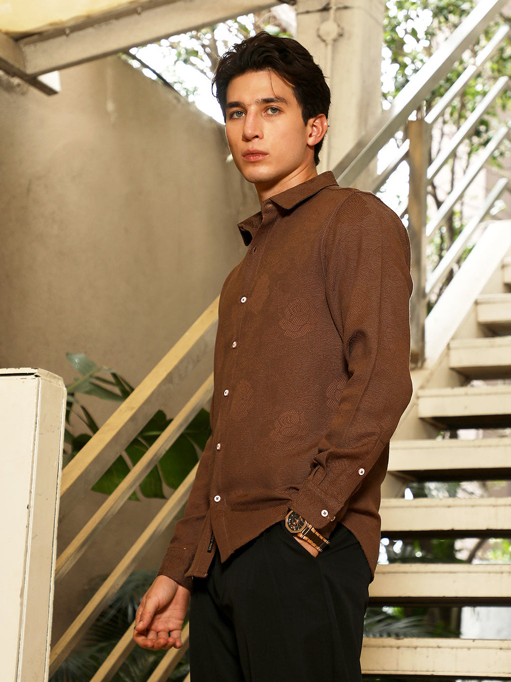 Campus Sutra Rosa-Jacquard Shirt