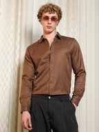 Campus Sutra Brown Jacquard Full Sleeve Tailored Fit Shirt