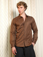 Campus Sutra Brown Jacquard Full Sleeve Tailored Fit Shirt
