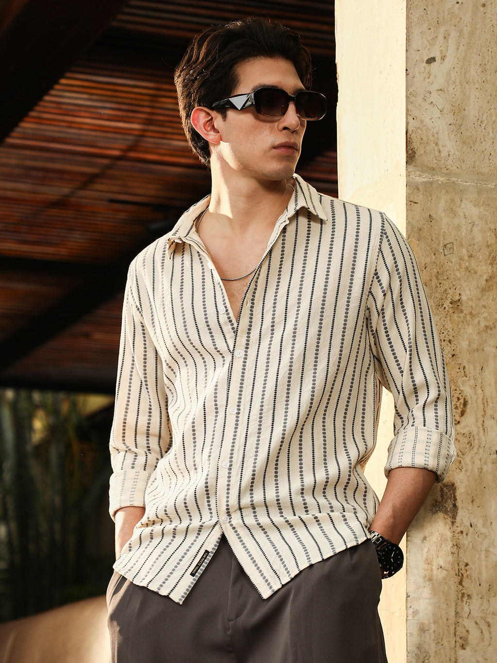 Campus Sutra Dotted-Stripe Jacquard Shirt