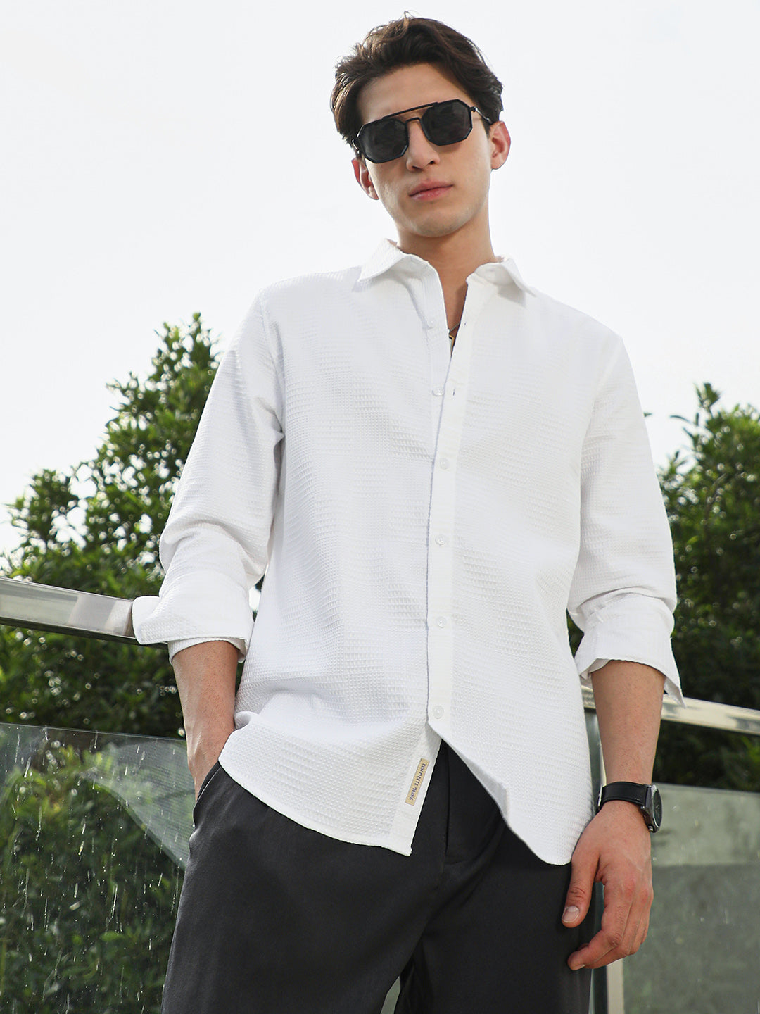 Campus Sutra White Textured Cotton Blend Full Sleeve Shirt
