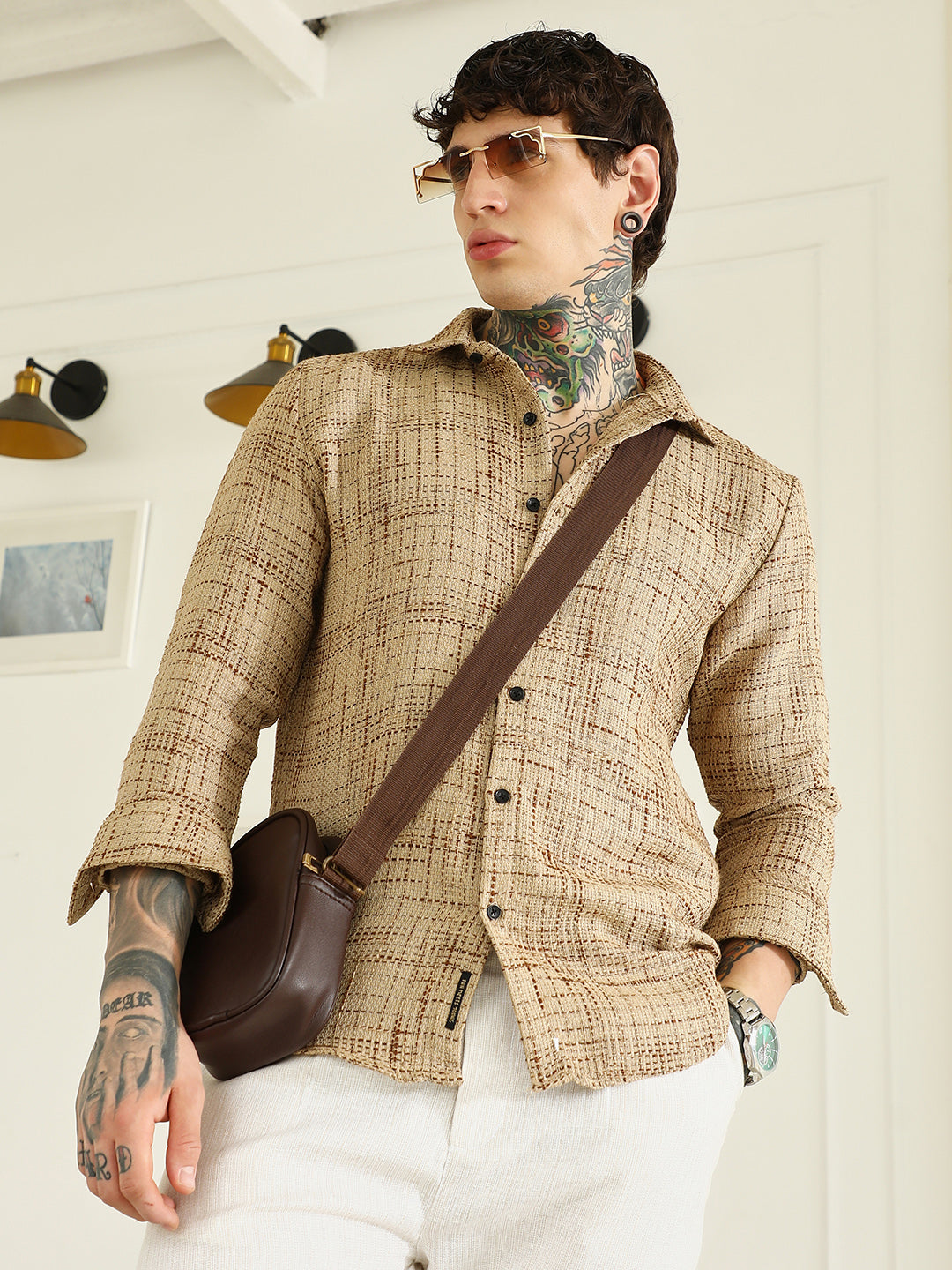 Campus Sutra Beige Textured Cotton-Polyester Blend Shirt