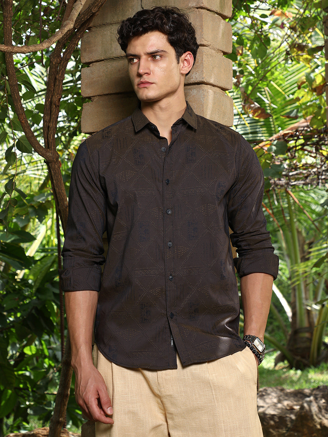 Campus Sutra Olive Brown Geometric-Folk Self-Design Shirt