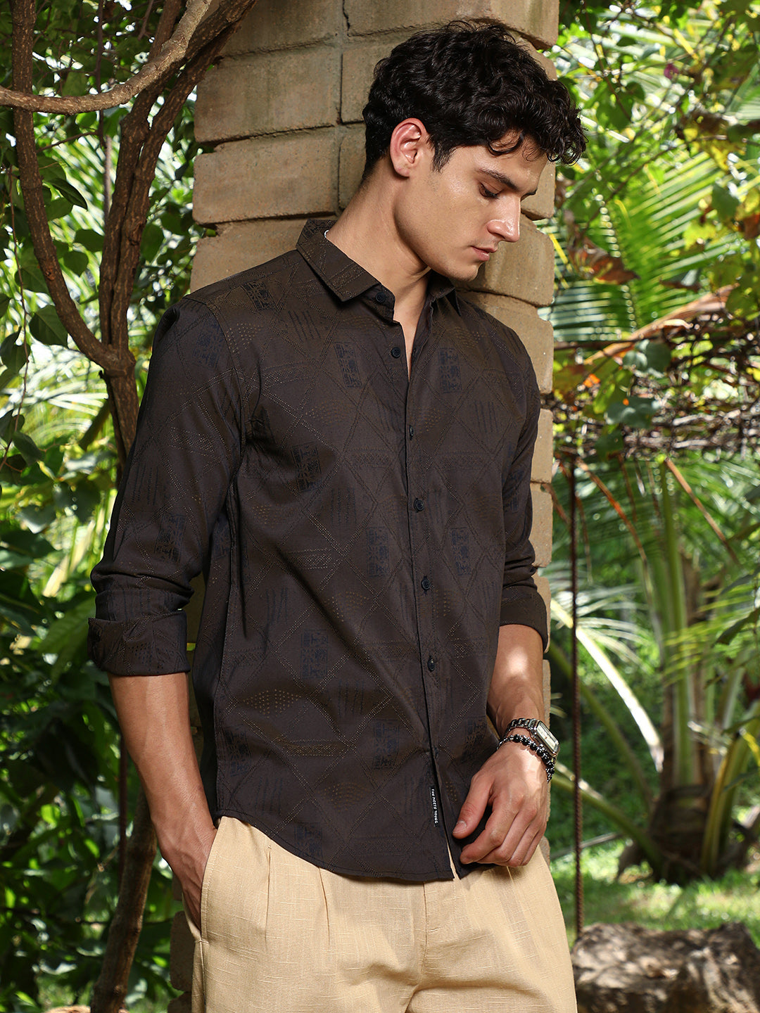 Campus Sutra Olive Brown Geometric-Folk Self-Design Shirt