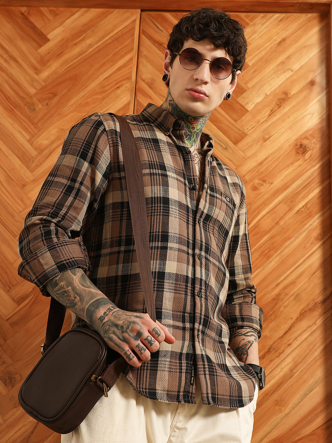 Campus Sutra Brown Plaid Cotton Tailored Fit Shirt