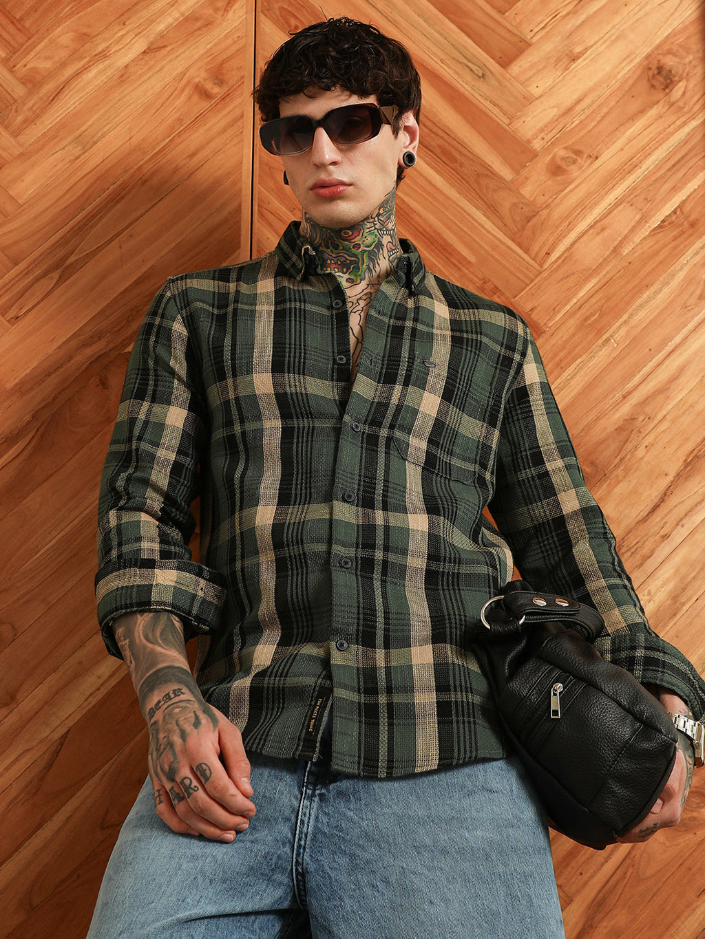 Campus Sutra Dark Green Plaid Cotton Blend Full Sleeve Shirt