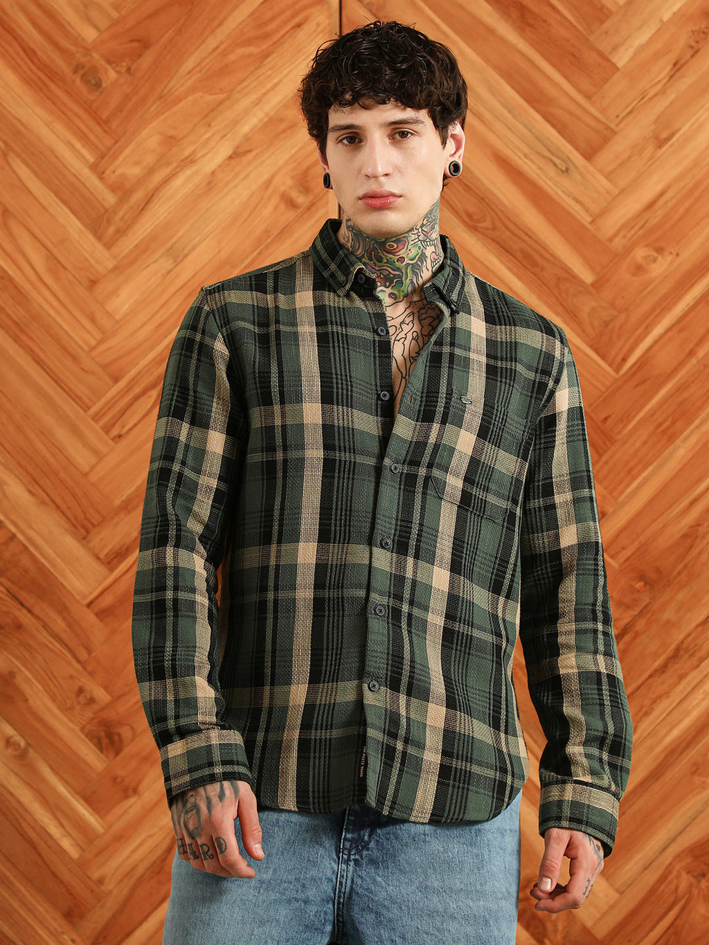 Campus Sutra Dark Green Plaid Cotton Blend Full Sleeve Shirt