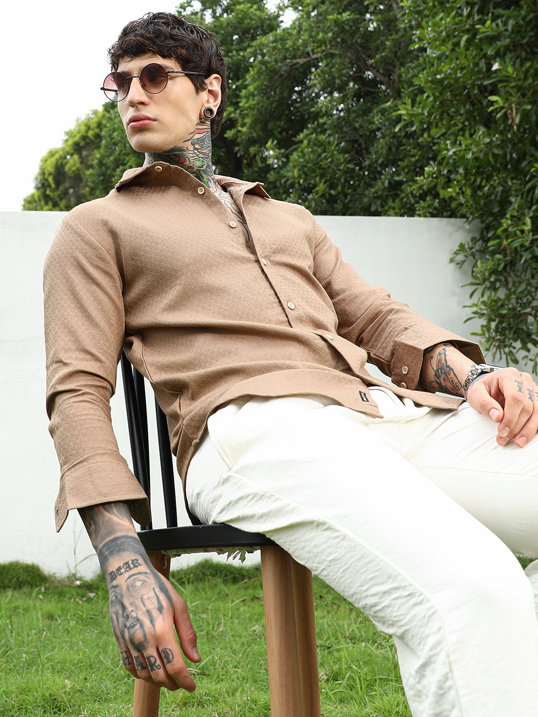Campus Sutra Beige Textured Cotton Blend Full Sleeve Shirt
