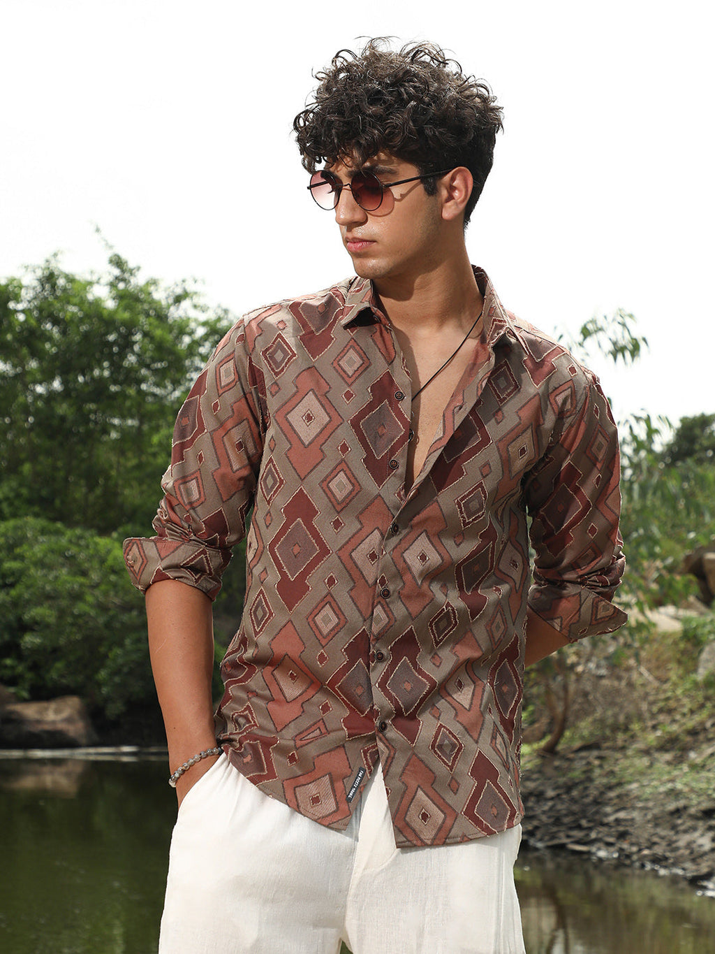 Campus Sutra Indie-Folk Geometric Jacquard Shirt