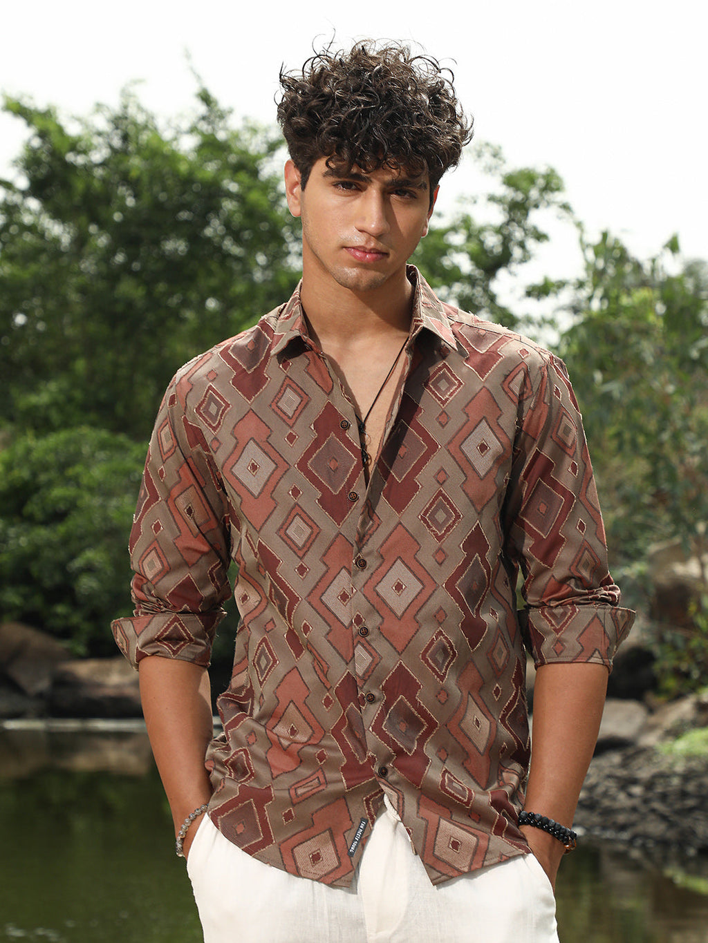 Campus Sutra Indie-Folk Geometric Jacquard Shirt
