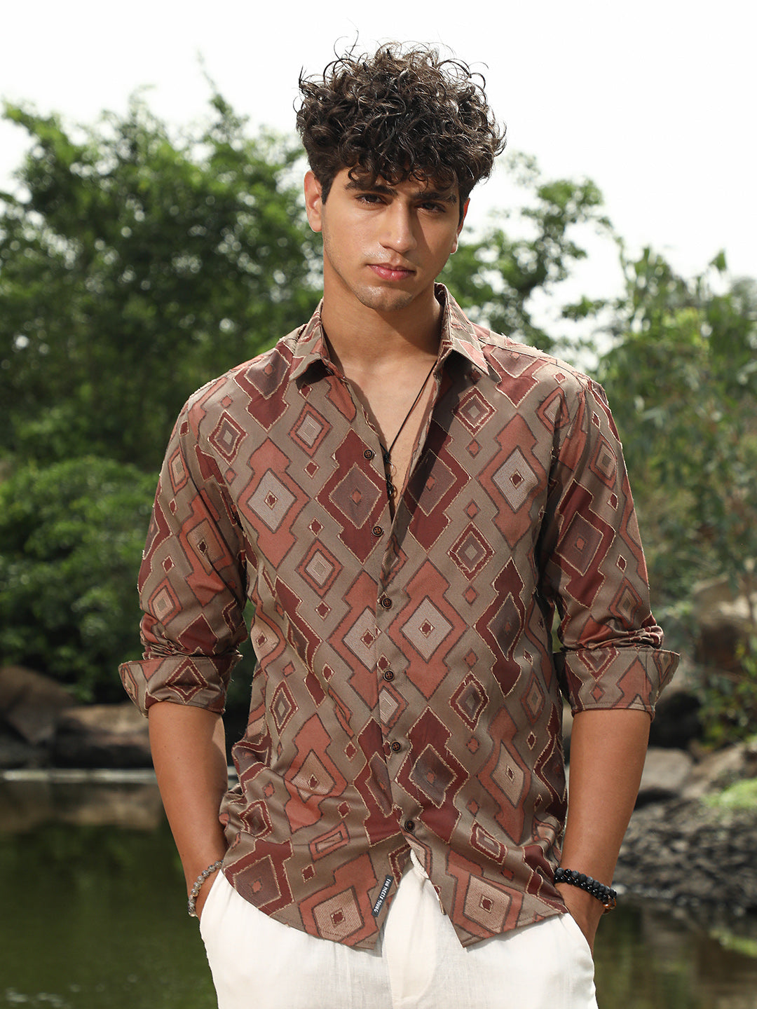 Campus Sutra Indie-Folk Geometric Jacquard Shirt