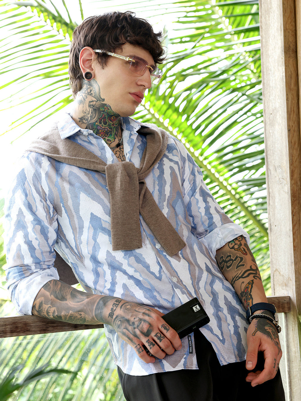 Campus Sutra Pastel-Geometric Jacquard Shirt