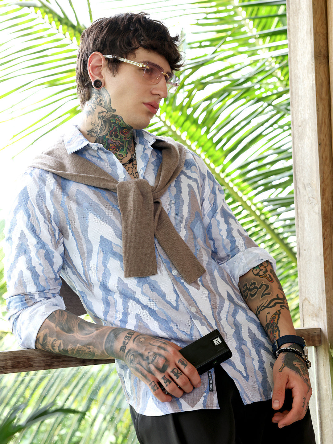 Campus Sutra Pastel-Geometric Jacquard Shirt