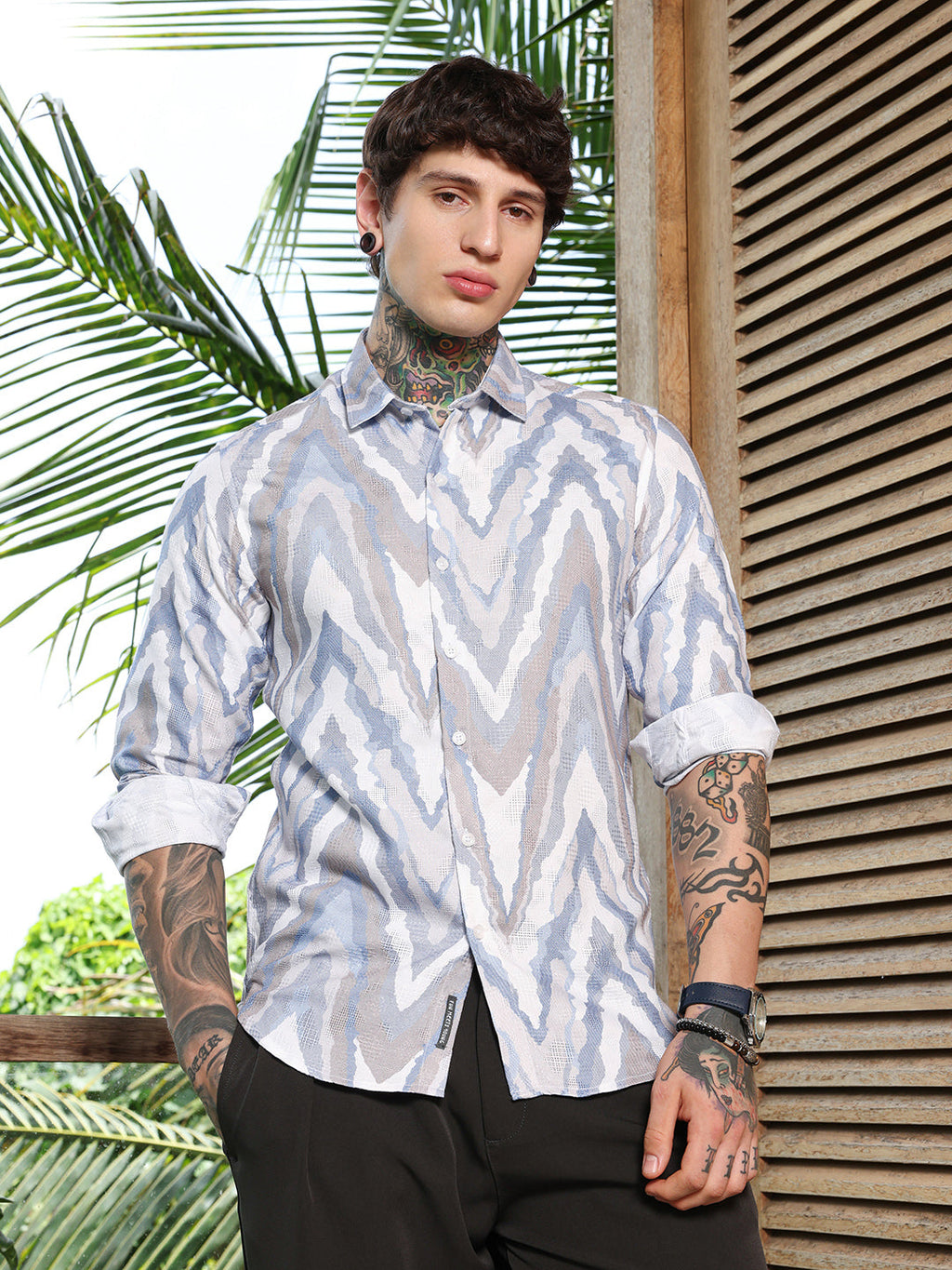 Campus Sutra Pastel-Geometric Jacquard Shirt