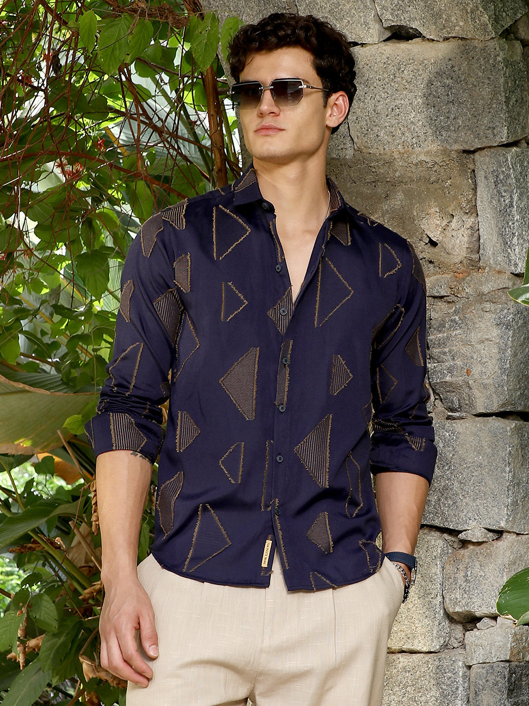 Campus Sutra Navy Blue Edgy-Geometric Woven Shirt
