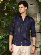 Campus Sutra Navy Blue Edgy-Geometric Woven Shirt