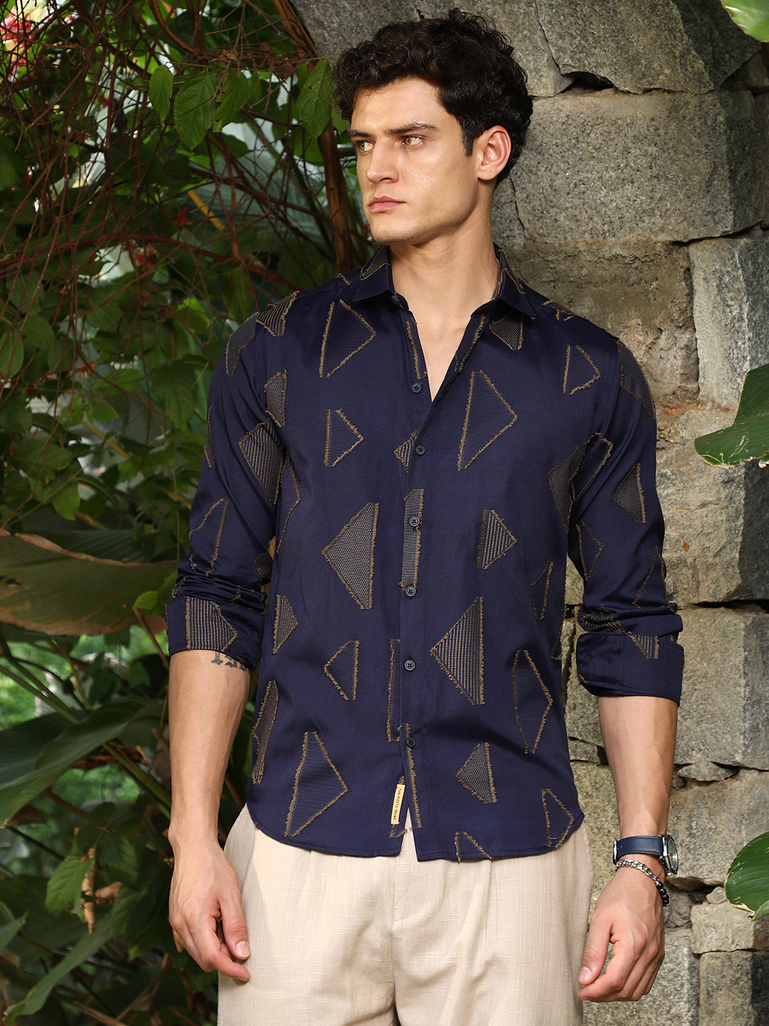 Campus Sutra Navy Blue Edgy-Geometric Woven Shirt