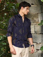 Campus Sutra Navy Blue Edgy-Geometric Woven Shirt