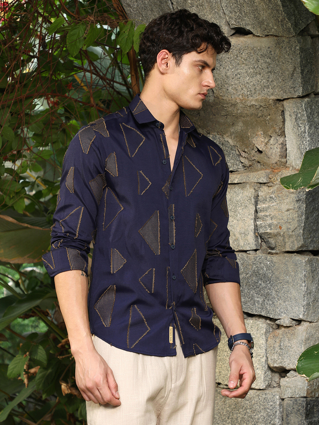 Campus Sutra Navy Blue Edgy-Geometric Woven Shirt
