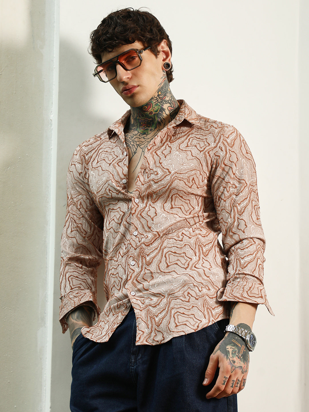 Campus Sutra Slim Fit Beige Abstract Pattern Full Sleeve Shirt