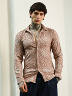 Campus Sutra Slim Fit Beige Abstract Pattern Full Sleeve Shirt