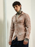 Campus Sutra Slim Fit Beige Abstract Pattern Full Sleeve Shirt