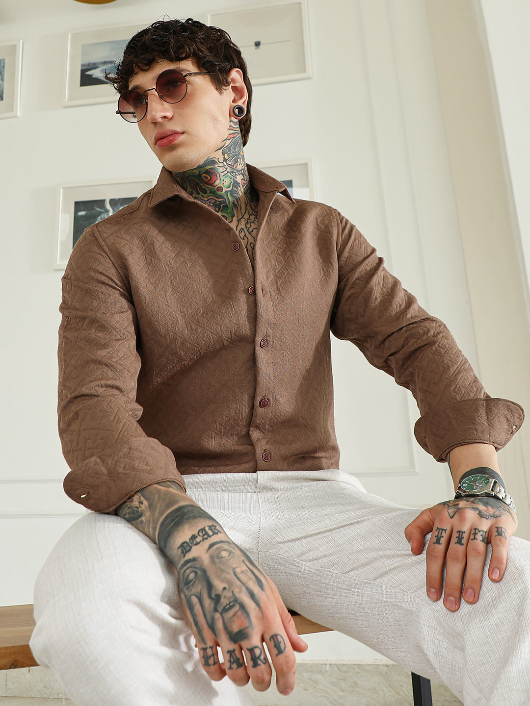 Campus Sutra Textured Brown Cotton Blend Full Sleeve Shirt