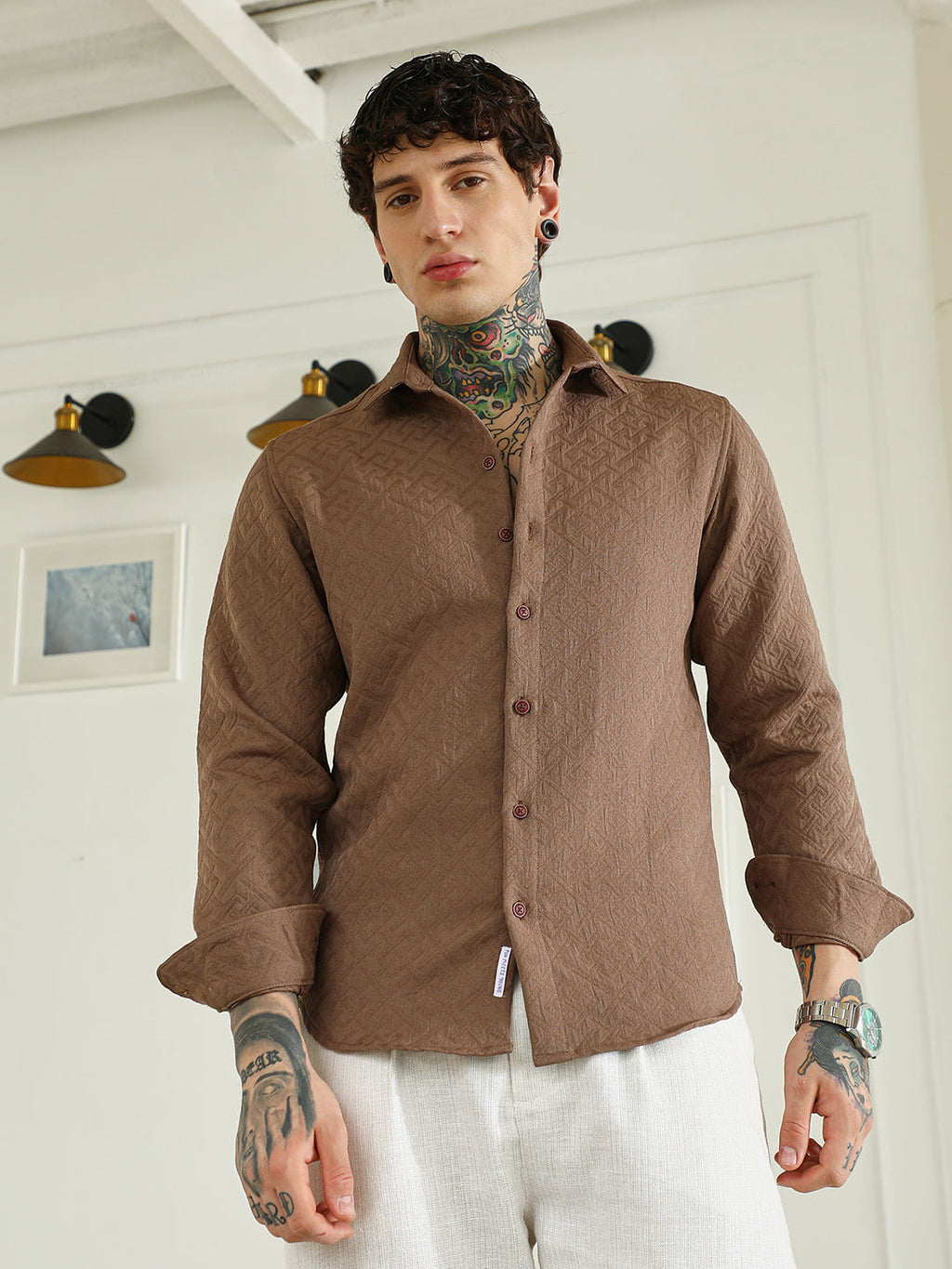Campus Sutra Textured Brown Cotton Blend Full Sleeve Shirt