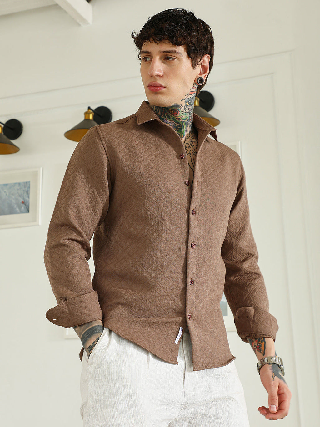 Campus Sutra Textured Brown Cotton Blend Full Sleeve Shirt