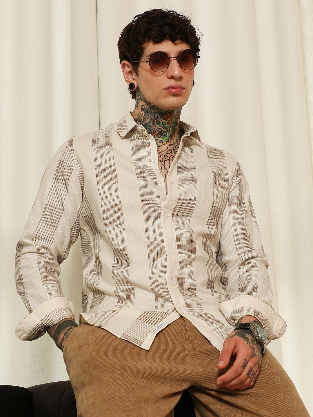 Campus Sutra Beige Checkered Cotton Blend Full Sleeve Shirt