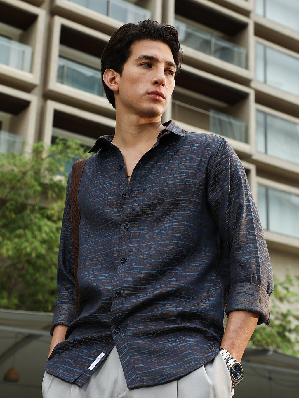 Campus Sutra Contrast-Heathered Jacquard Shirt