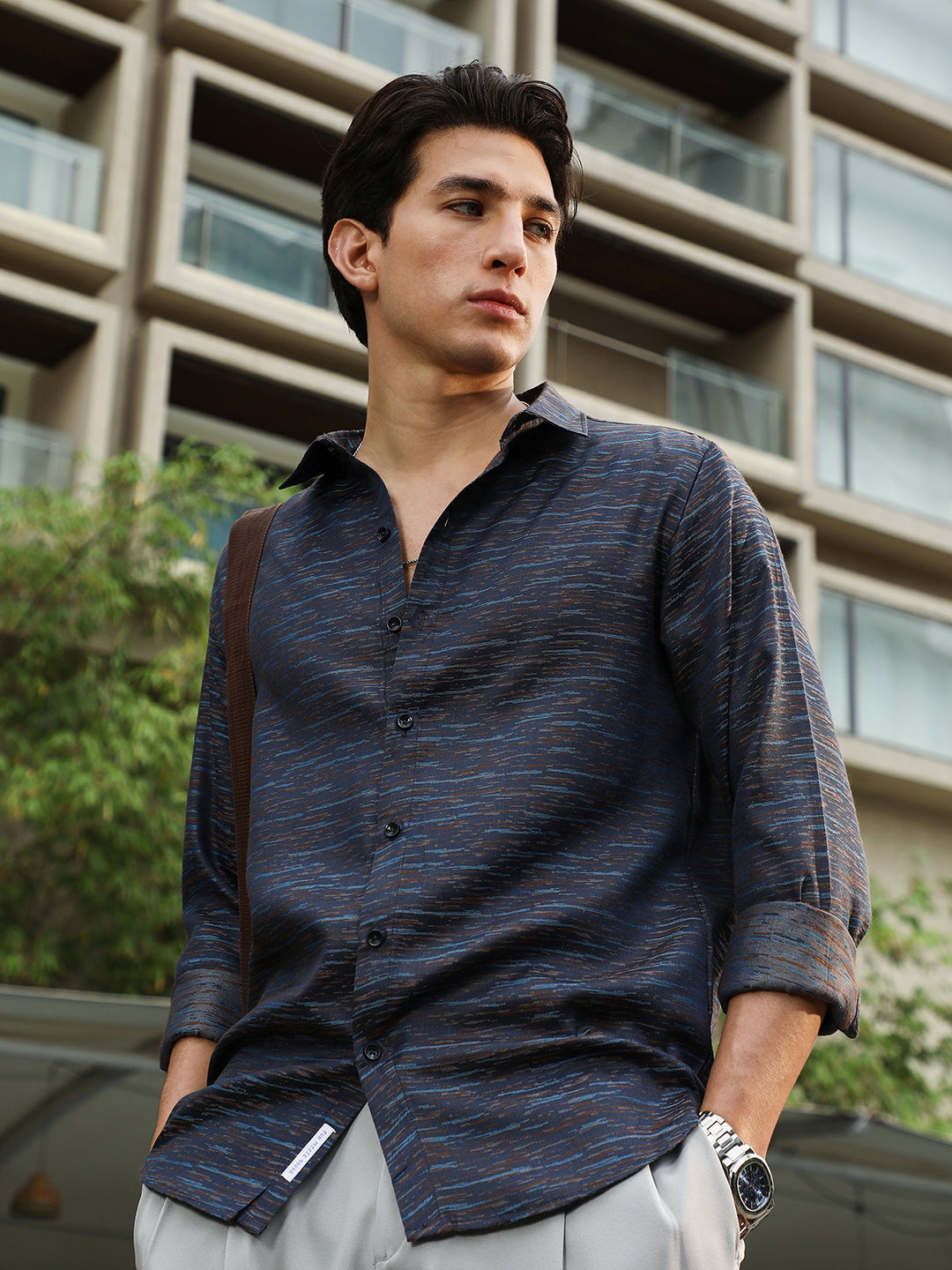 Campus Sutra Contrast-Heathered Jacquard Shirt