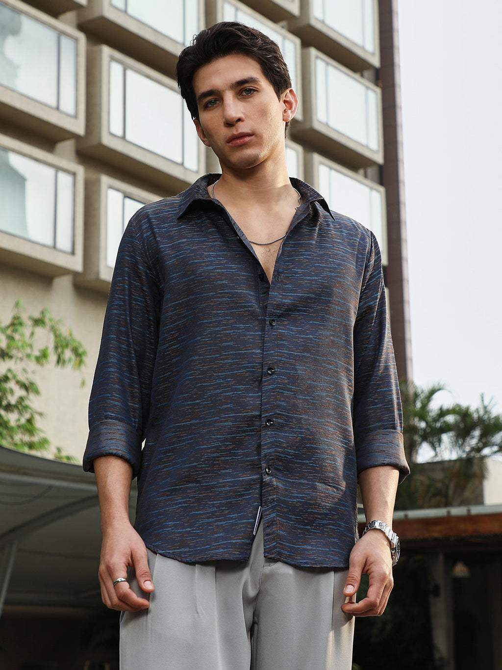 Campus Sutra Contrast-Heathered Jacquard Shirt