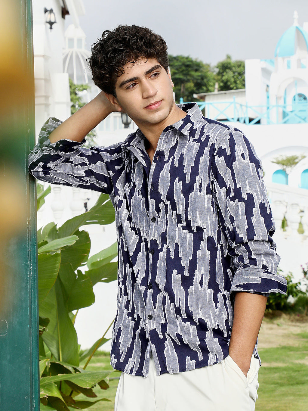 Campus Sutra Contrast-Abstract Jacquard Shirt